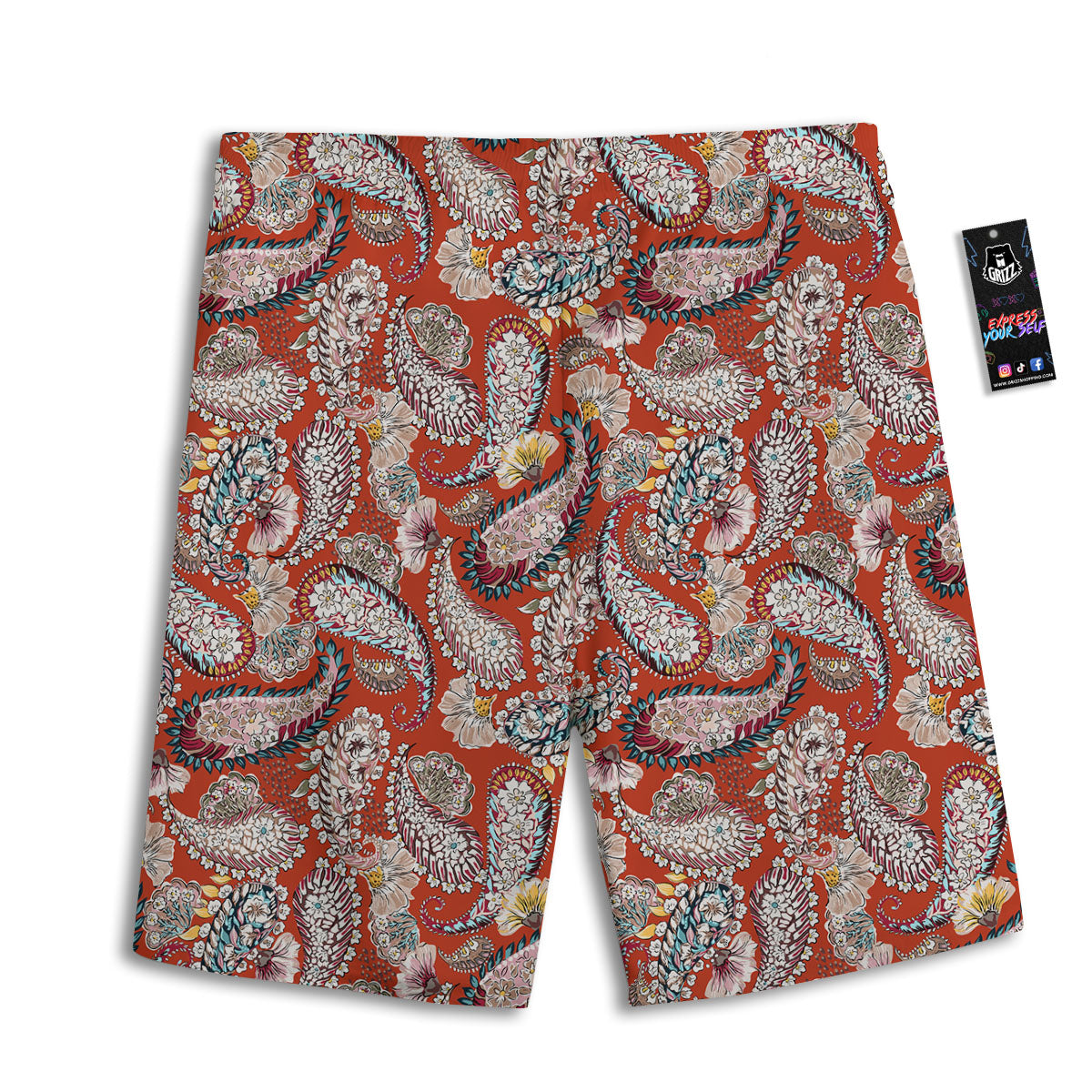 Bohemian Floral Orange Print Pattern Men's Athletic Shorts