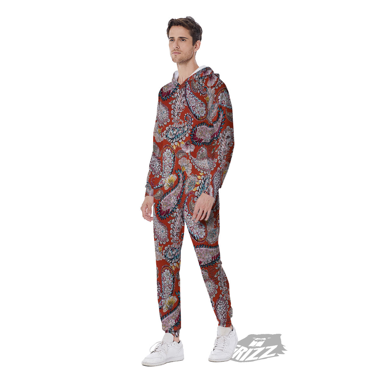 Bohemian Floral Orange Print Pattern Men's Jumpsuit-grizzshop