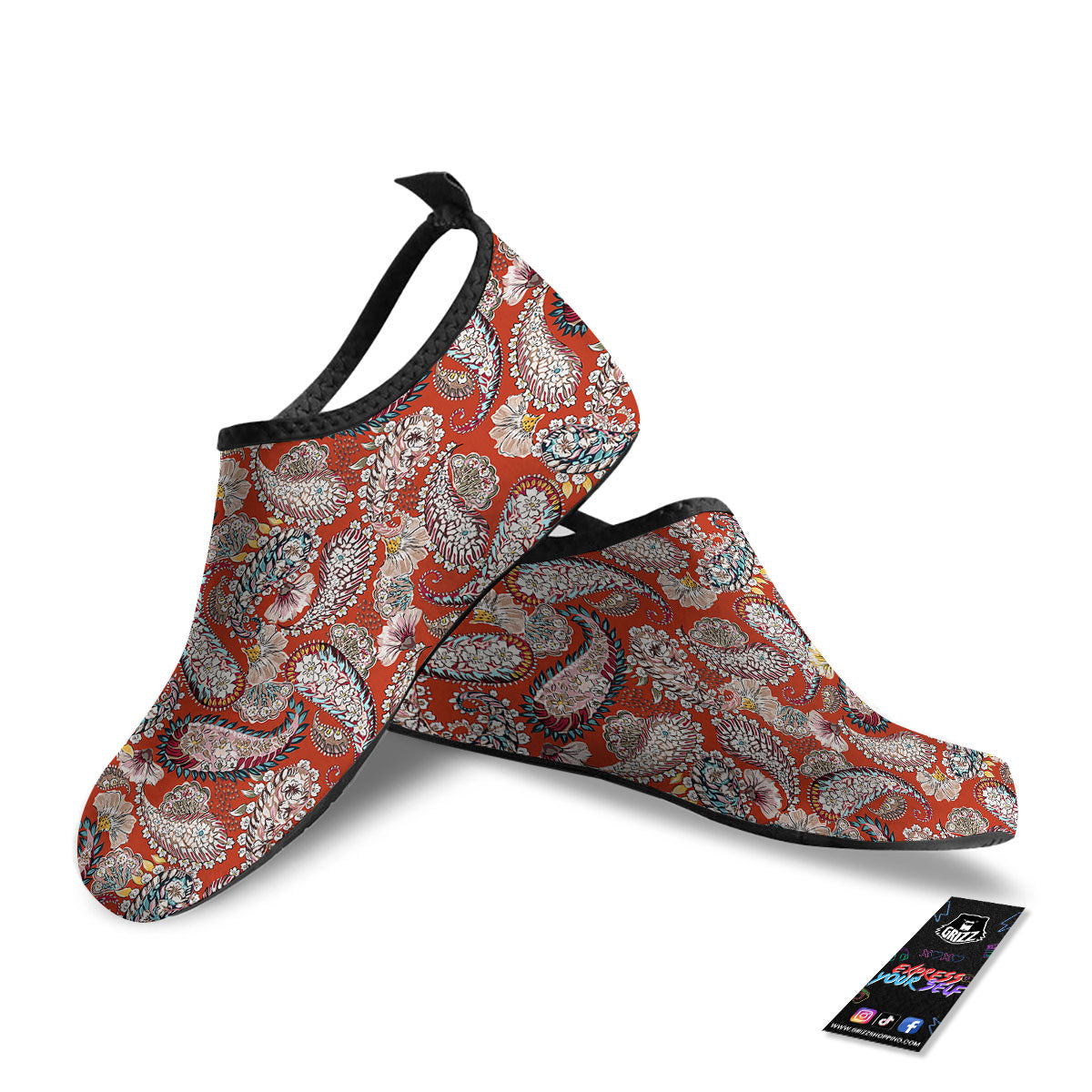 Bohemian Floral Orange Print Pattern Water Shoes-grizzshop