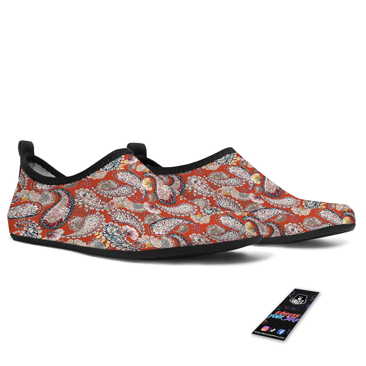 Bohemian Floral Orange Print Pattern Water Shoes-grizzshop