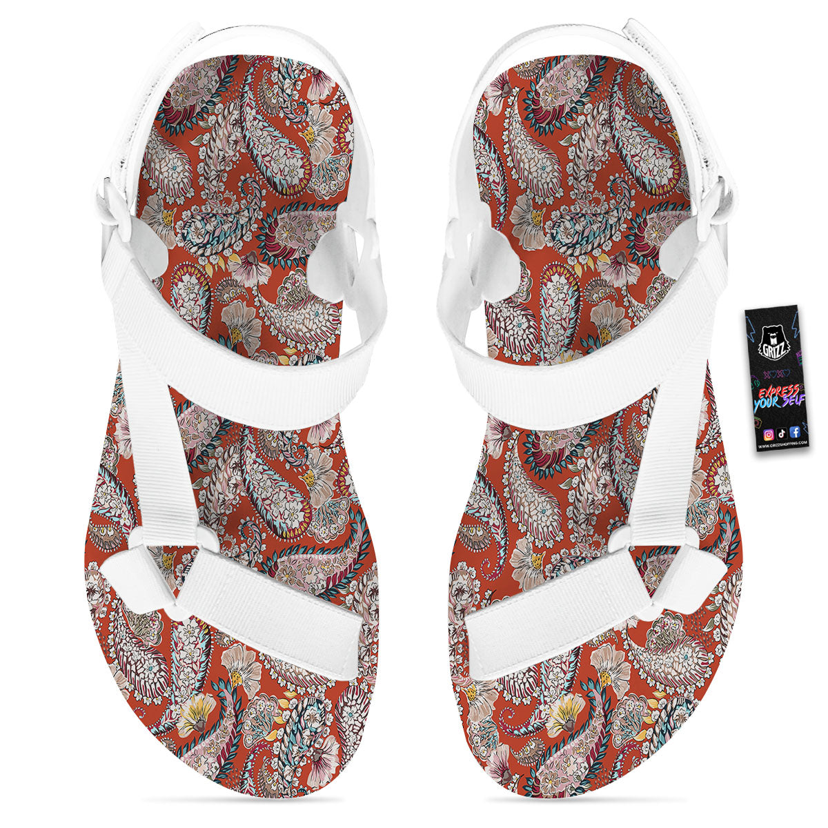 Bohemian Floral Orange Print Pattern White Open Toe Sandals-grizzshop