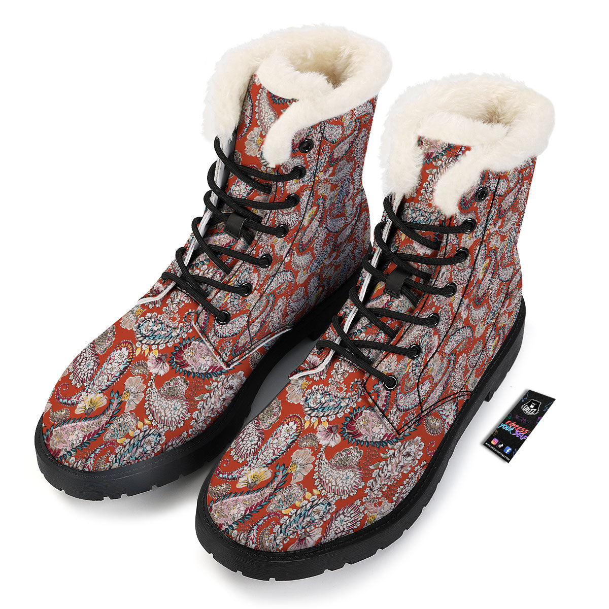 Bohemian Floral Orange Print Pattern Winter Boots-grizzshop