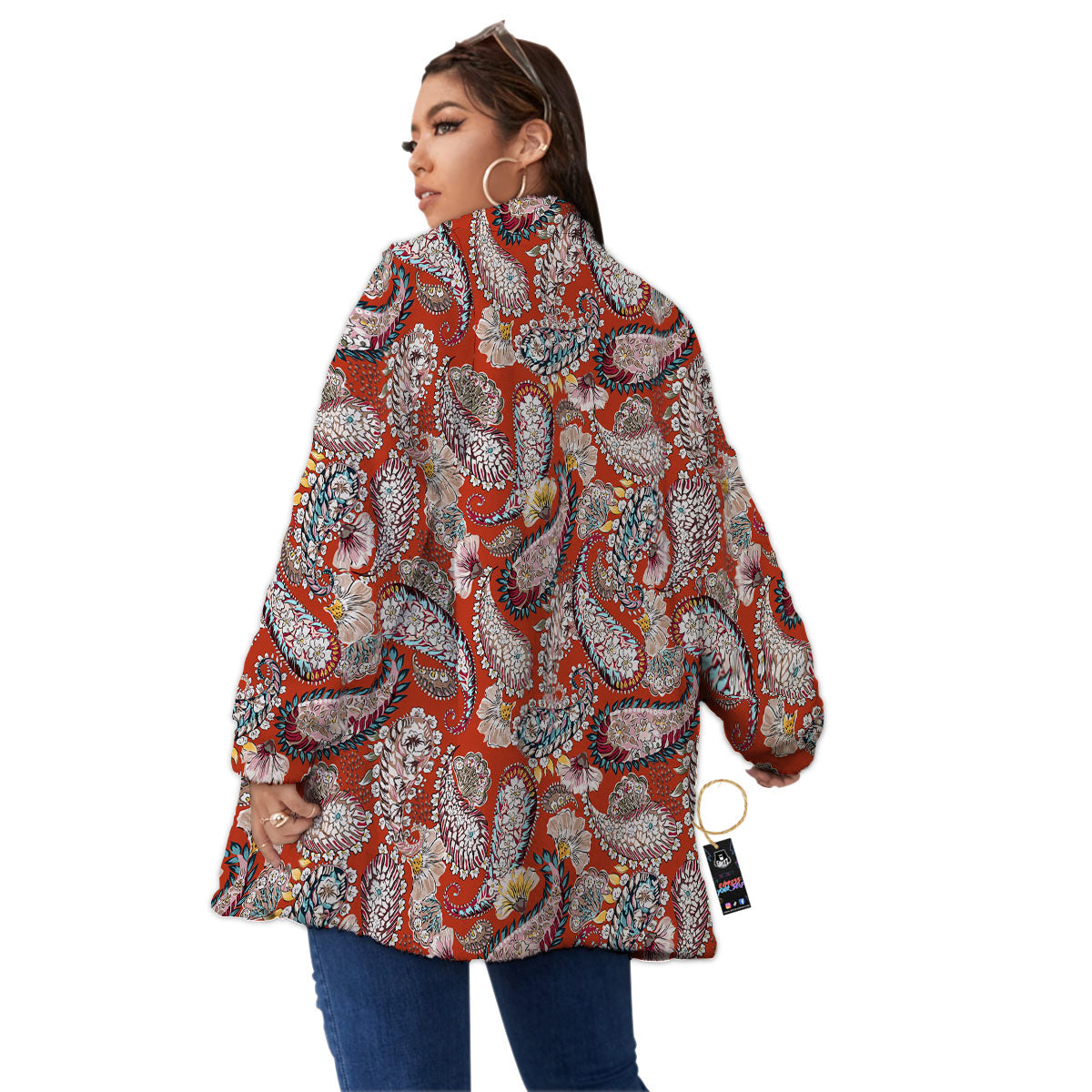 Bohemian Floral Orange Print Pattern Women's Sherpa Jacket-grizzshop