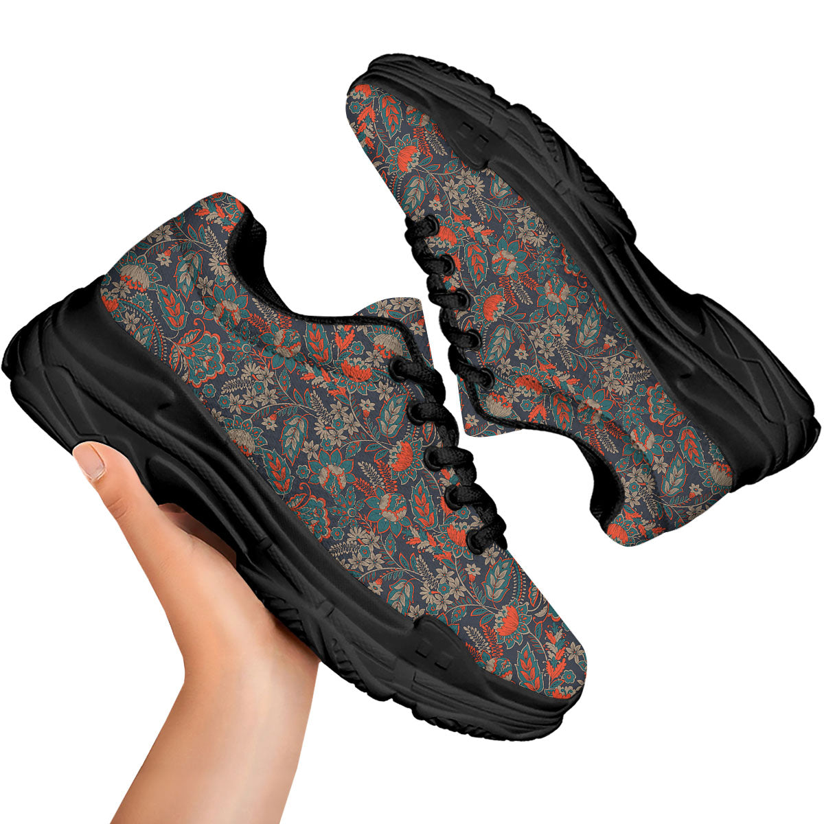 Bohemian Floral Retro Vintage Print Pattern Black Chunky Shoes-grizzshop