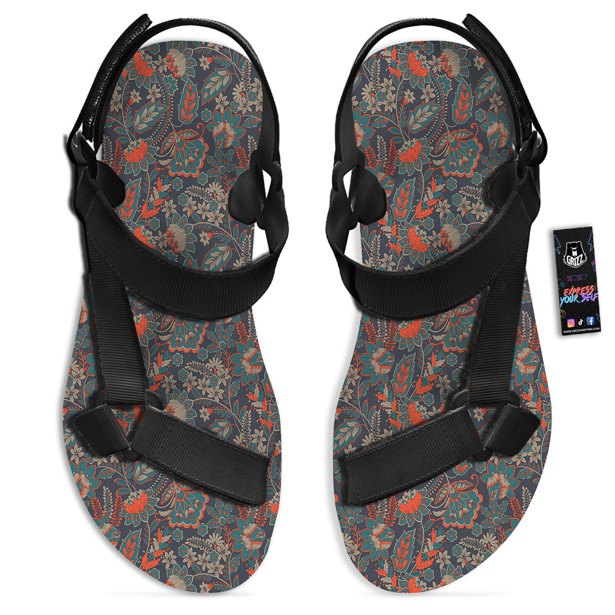 Bohemian Floral Retro Vintage Print Pattern Black Open Toe Sandals-grizzshop