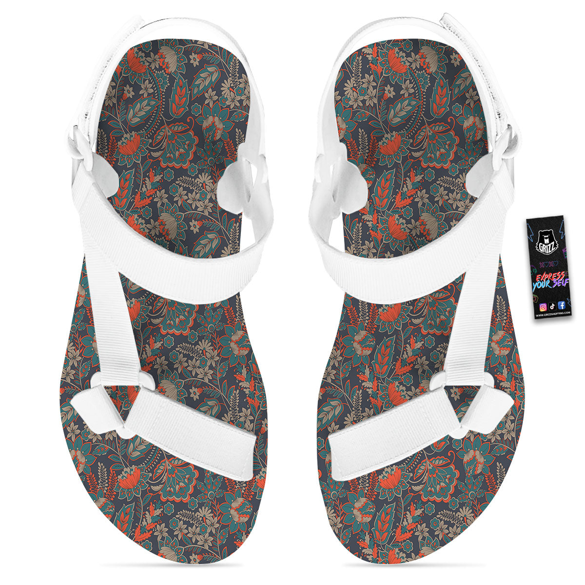 Bohemian Floral Retro Vintage Print Pattern White Open Toe Sandals-grizzshop