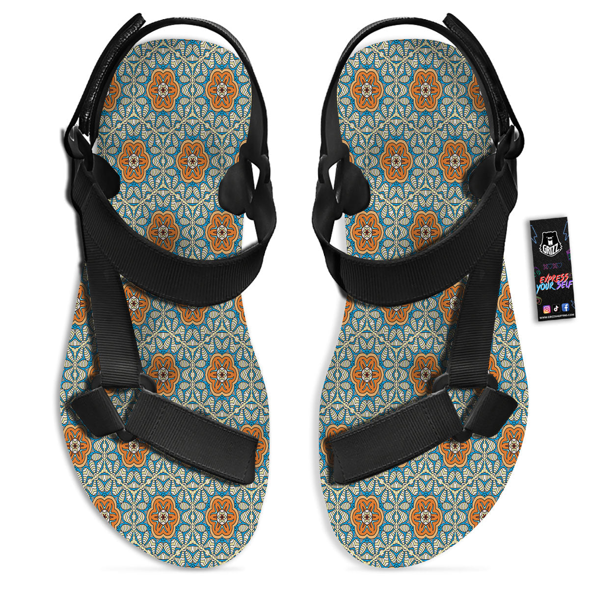 Bohemian Mandala Floral Print Pattern Black Open Toe Sandals-grizzshop