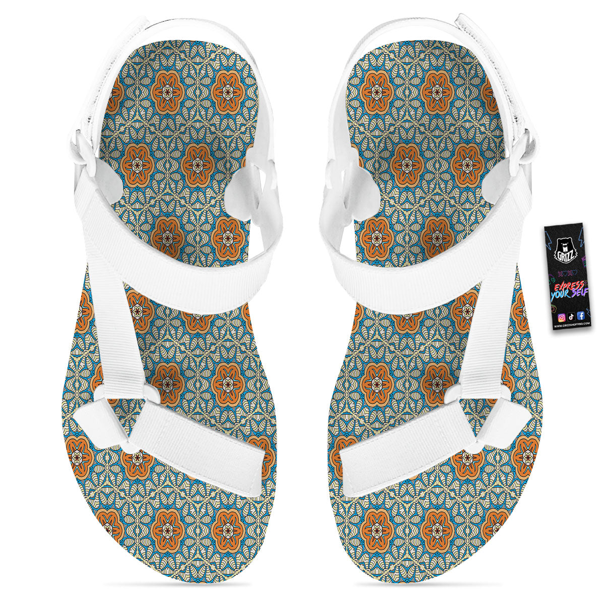 Bohemian Mandala Floral Print Pattern White Open Toe Sandals-grizzshop