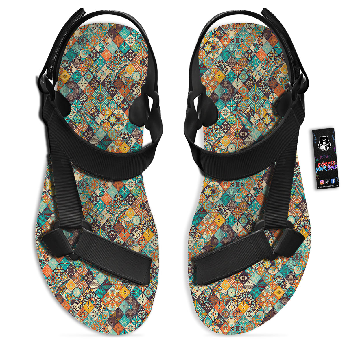 Bohemian Mandala Floral Vintage Print Pattern Black Open Toe Sandals-grizzshop