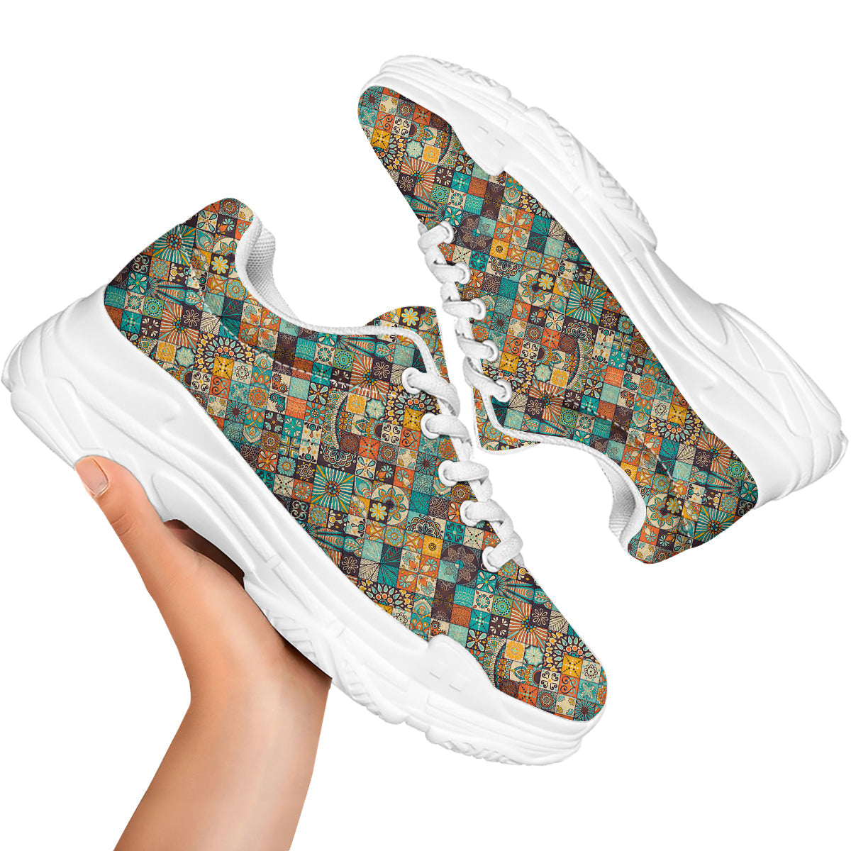 Bohemian Mandala Floral Vintage Print Pattern White Chunky Shoes-grizzshop