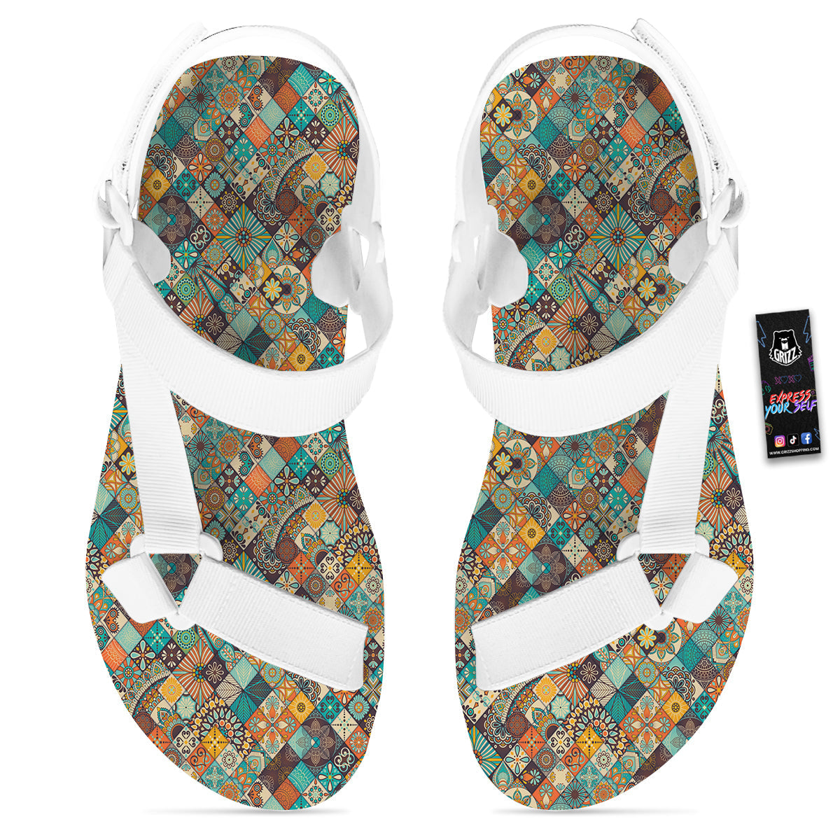 Bohemian Mandala Floral Vintage Print Pattern White Open Toe Sandals-grizzshop