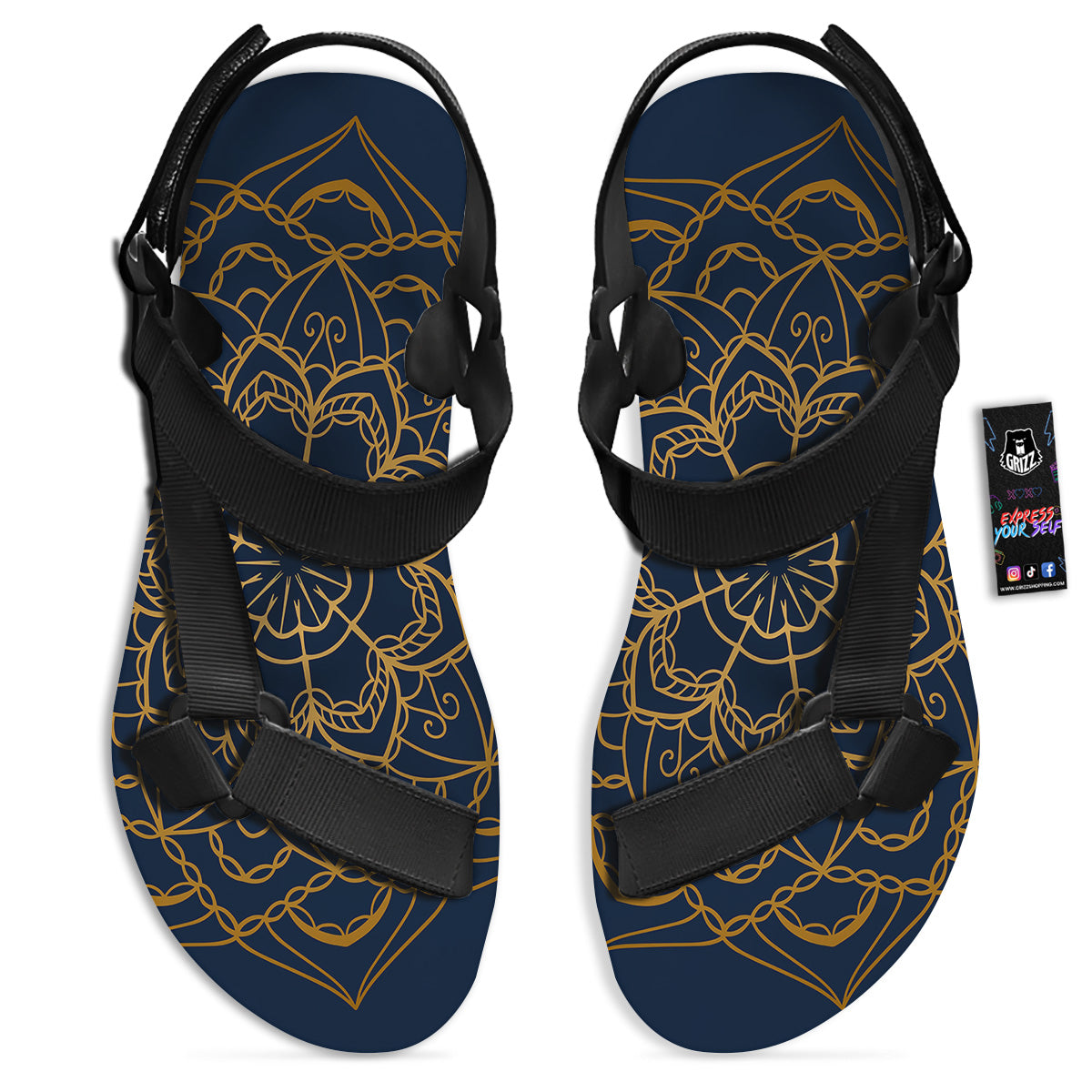 Bohemian Mandala Gold And Blue Print Black Open Toe Sandals-grizzshop