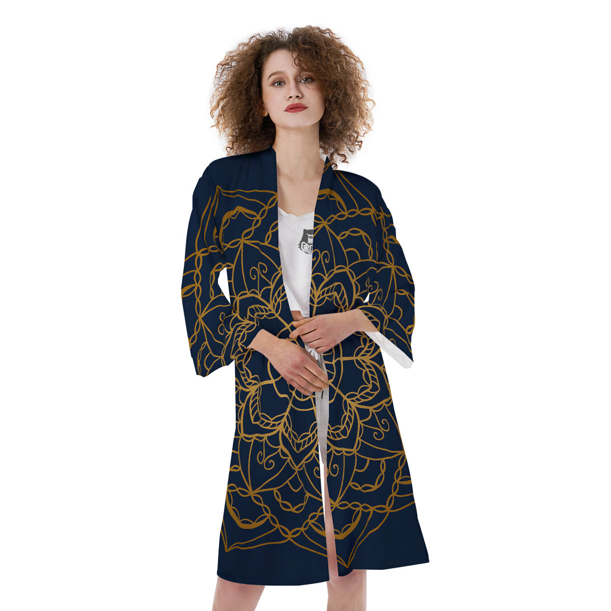 Bohemian Mandala Gold And Blue Print Kimono-grizzshop