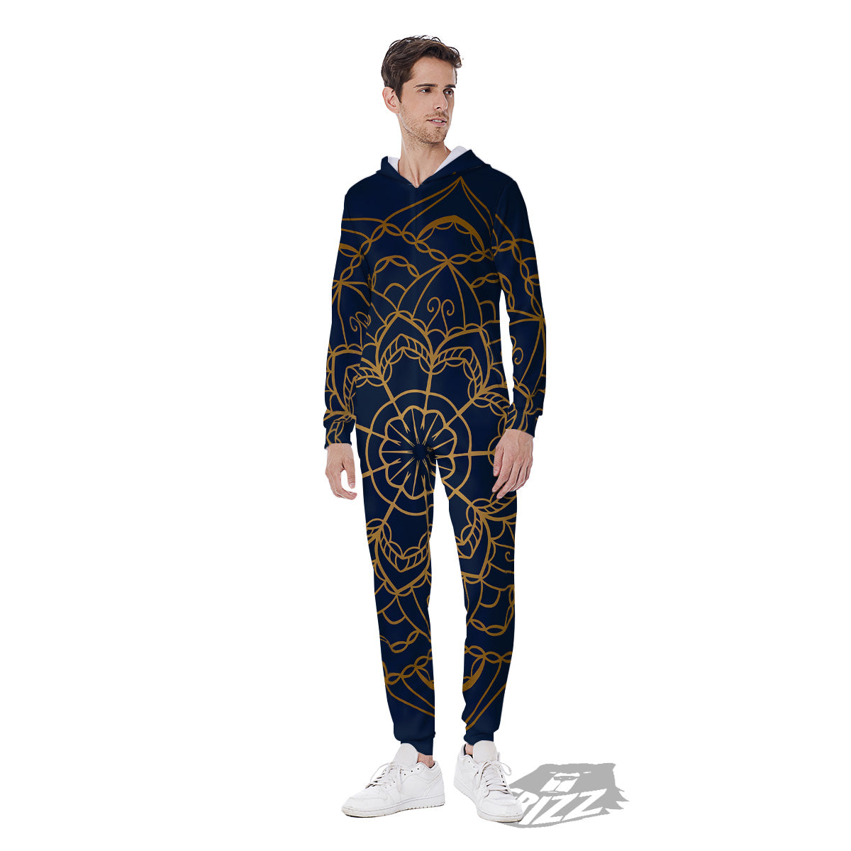 Bohemian Mandala Gold And Blue Print Men's Jumpsuit-grizzshop