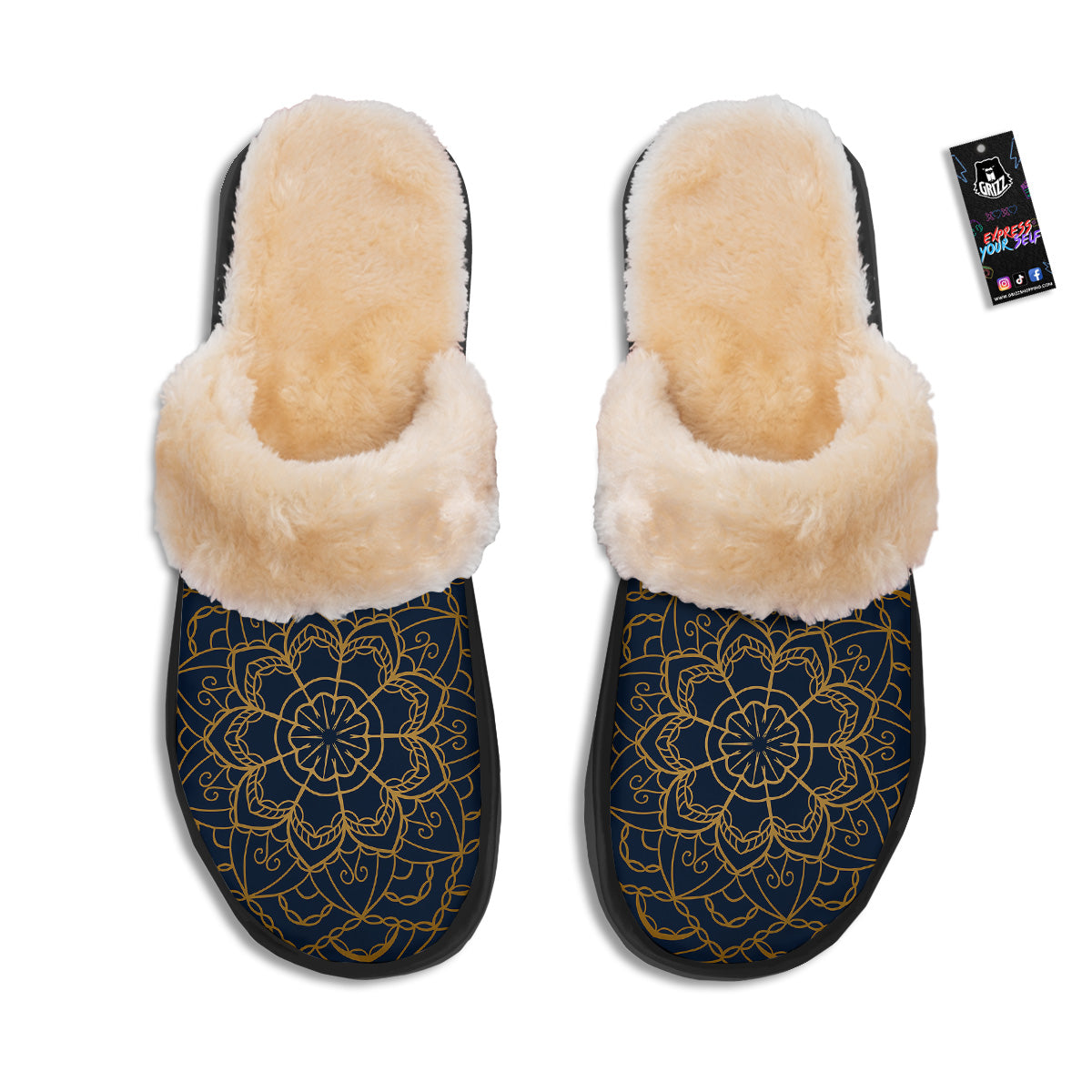 Bohemian Mandala Gold And Blue Print Slippers-grizzshop