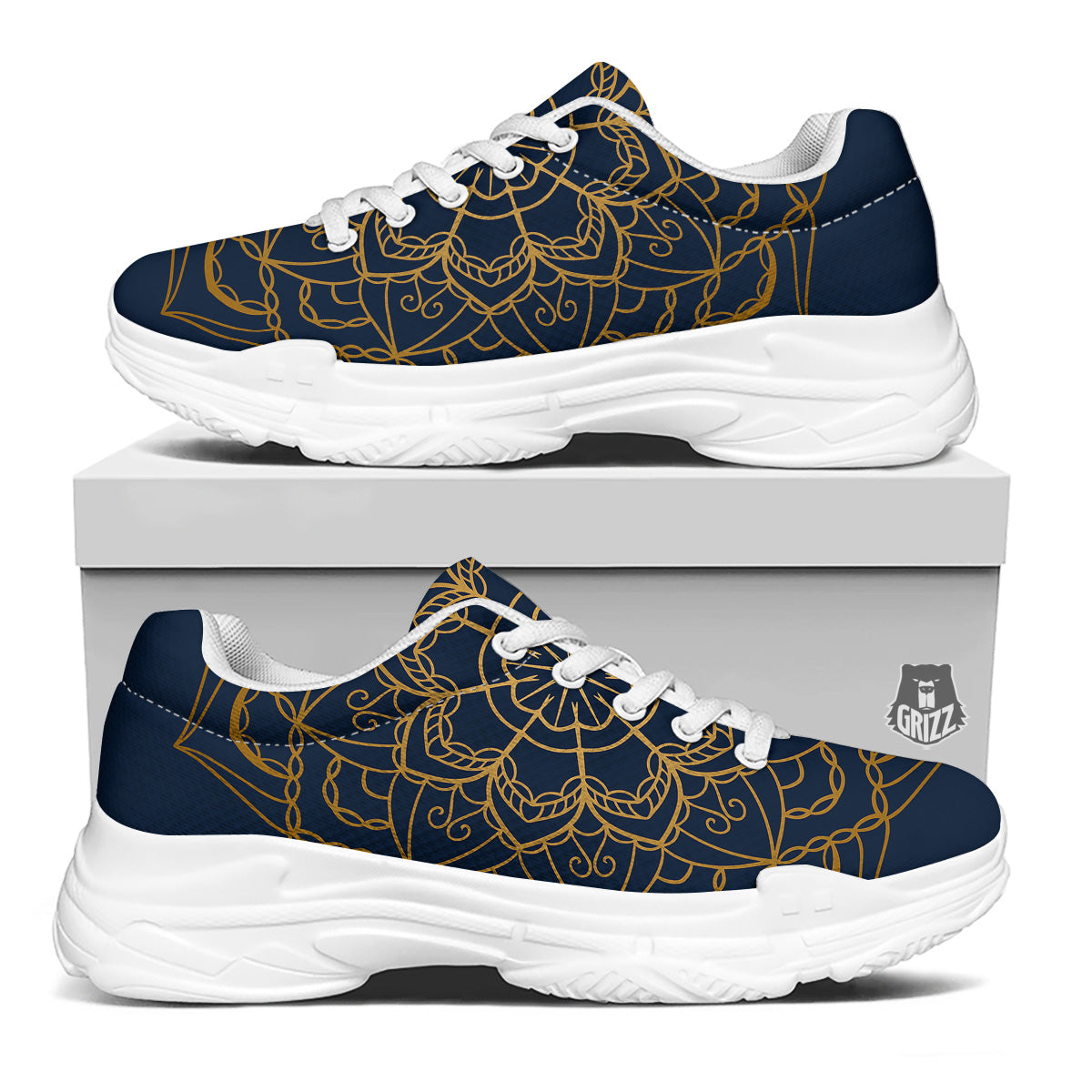 Bohemian Mandala Gold And Blue Print White Chunky Shoes-grizzshop
