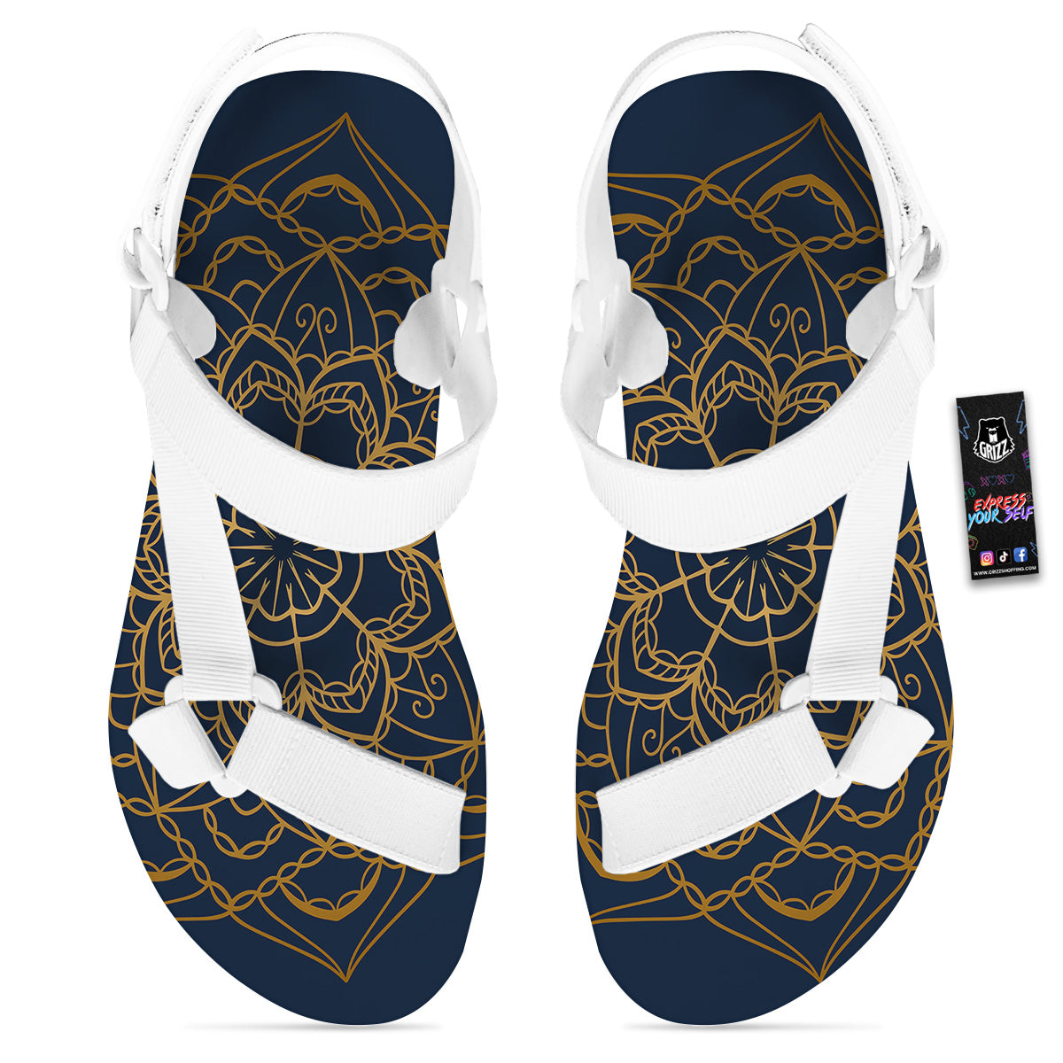Bohemian Mandala Gold And Blue Print White Open Toe Sandals-grizzshop