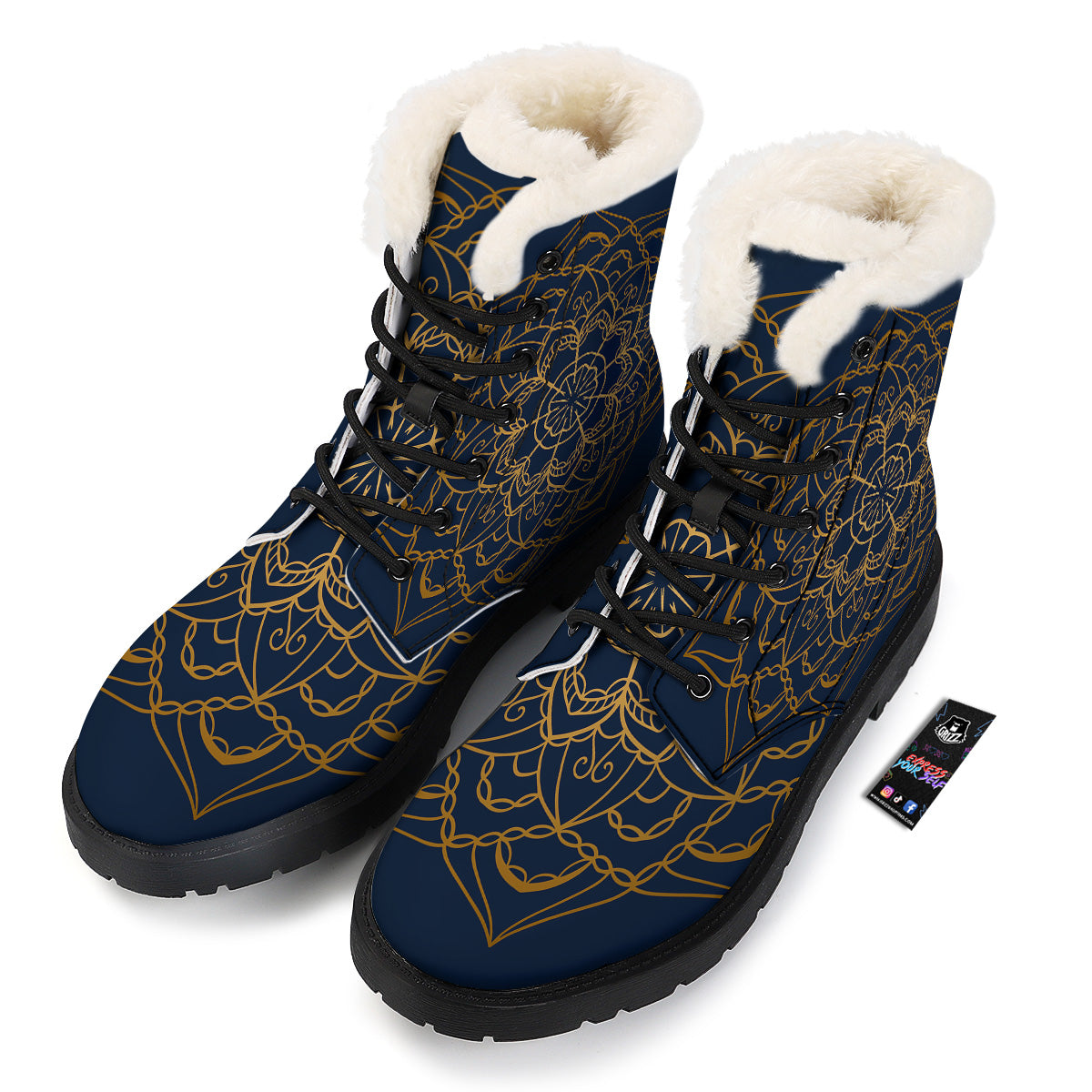 Bohemian Mandala Gold And Blue Print Winter Boots-grizzshop