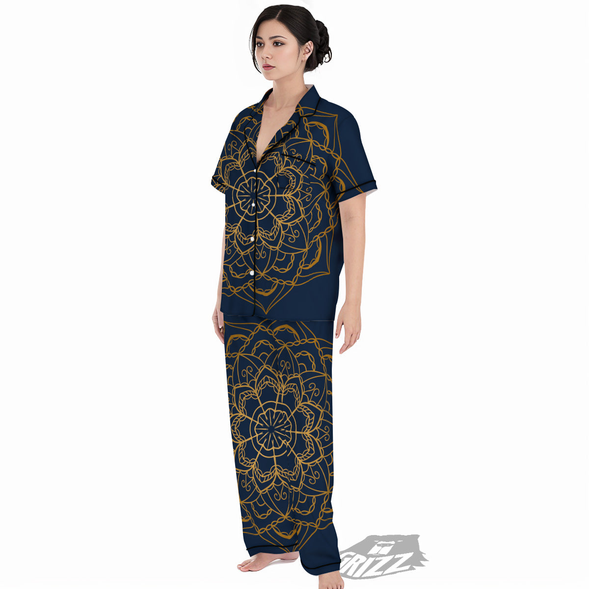 Bohemian Mandala Gold And Blue Print Women's Pajamas Set-grizzshop