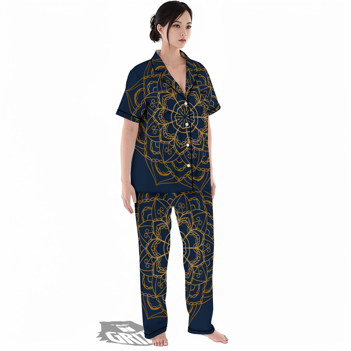 Bohemian Mandala Gold And Blue Print Women's Pajamas Set-grizzshop