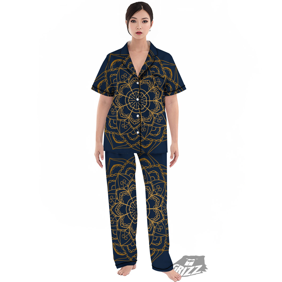 Bohemian Mandala Gold And Blue Print Women's Pajamas Set-grizzshop