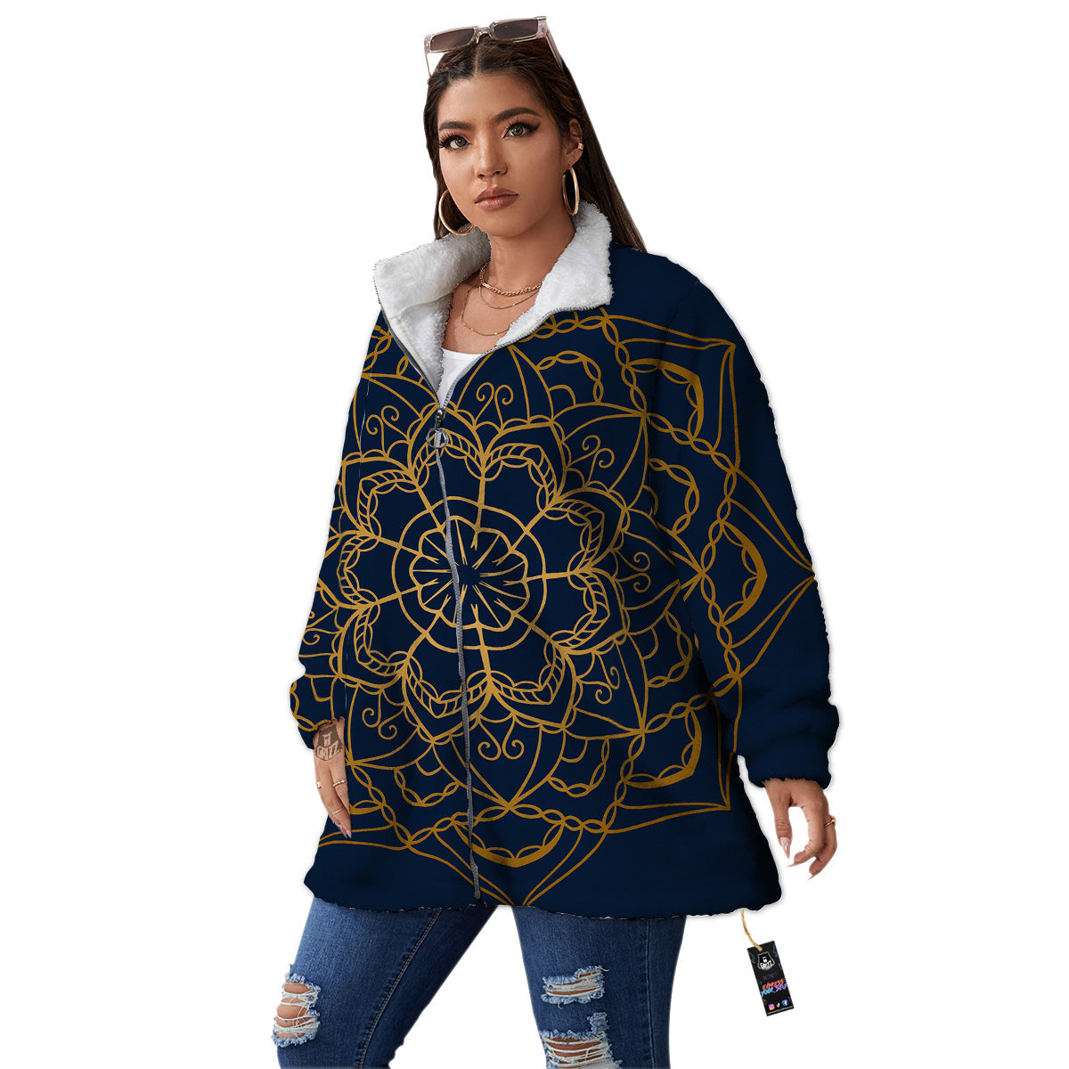 Bohemian Mandala Gold And Blue Print Women's Sherpa Jacket-grizzshop