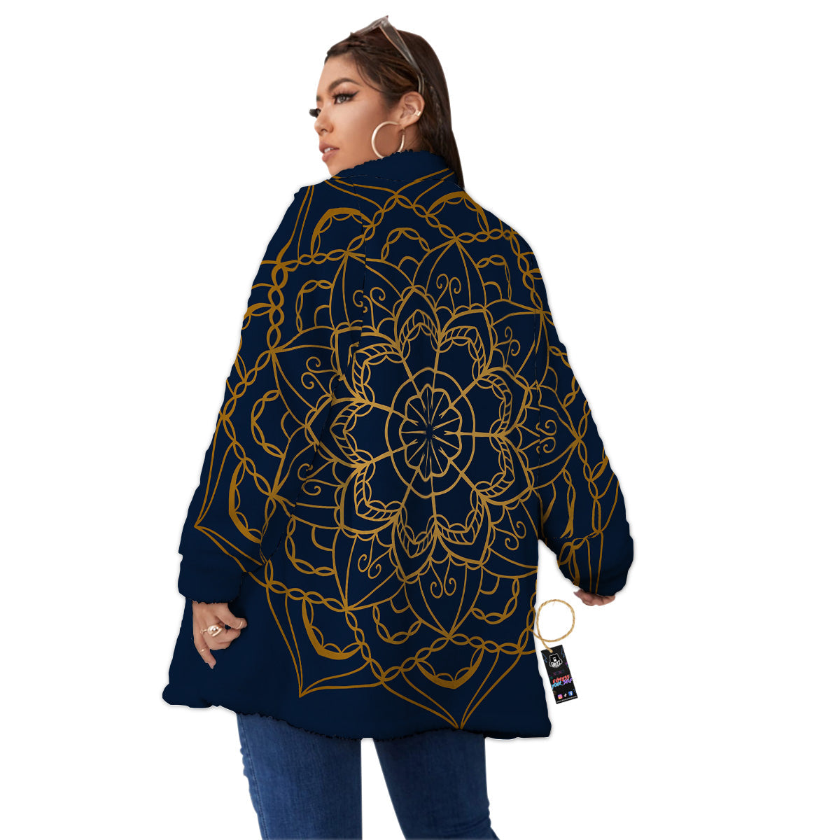 Bohemian Mandala Gold And Blue Print Women's Sherpa Jacket-grizzshop