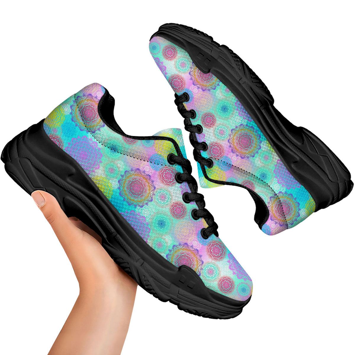 Bohemian Mandala Pastel Print Pattern Black Chunky Shoes-grizzshop