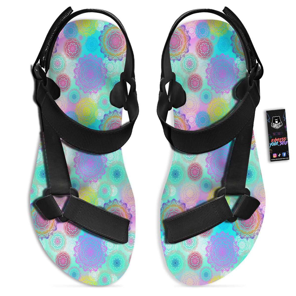 Bohemian Mandala Pastel Print Pattern Black Open Toe Sandals-grizzshop