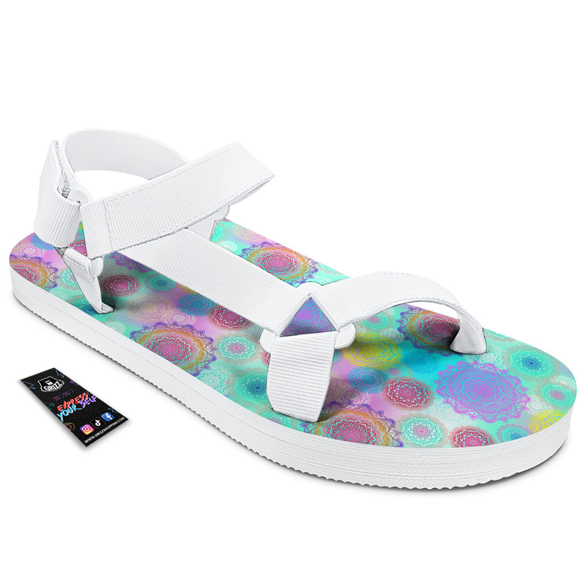 Bohemian Mandala Pastel Print Pattern White Open Toe Sandals-grizzshop
