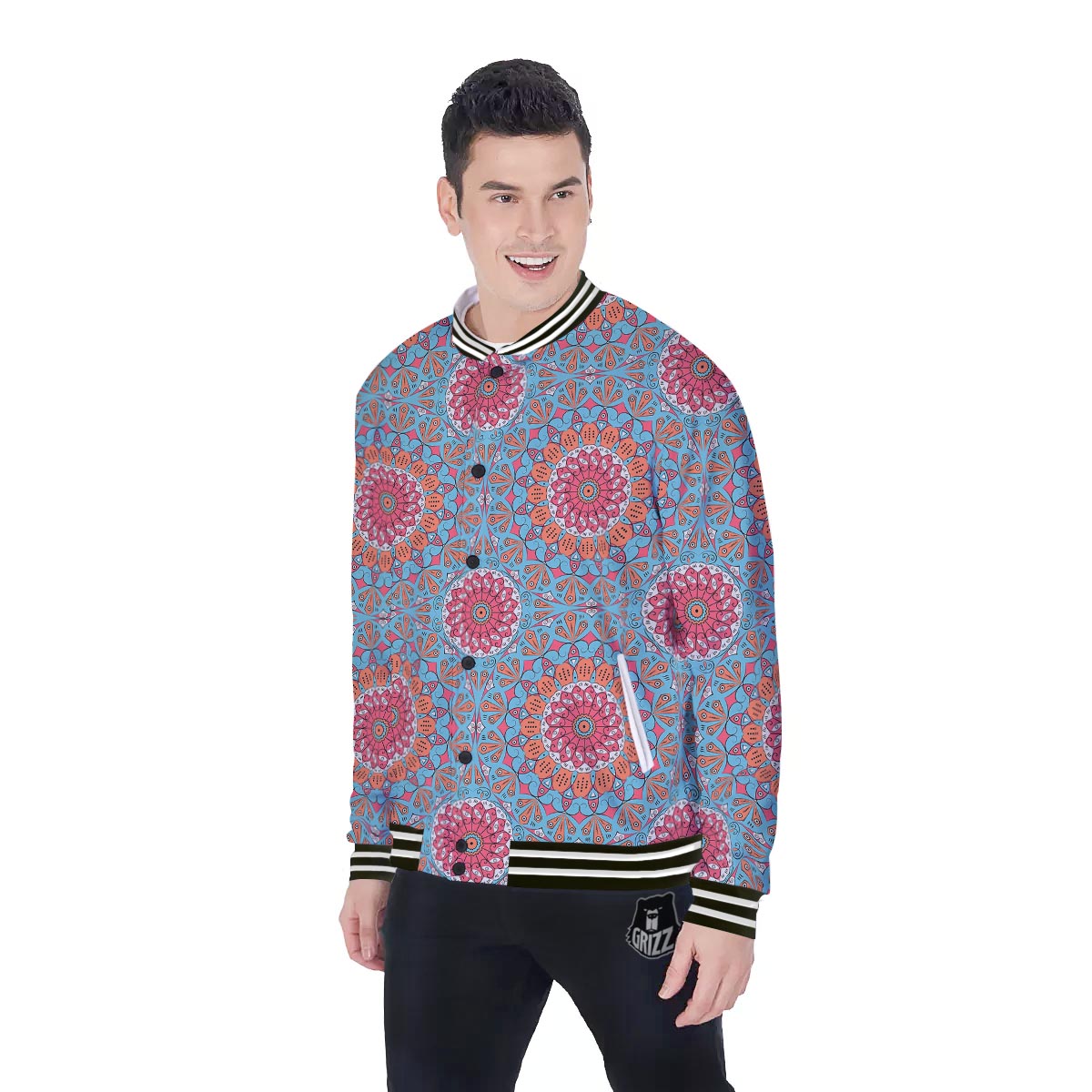Bohemian Mandala Pink And Teal Print Pattern Baseball Jacket-grizzshop