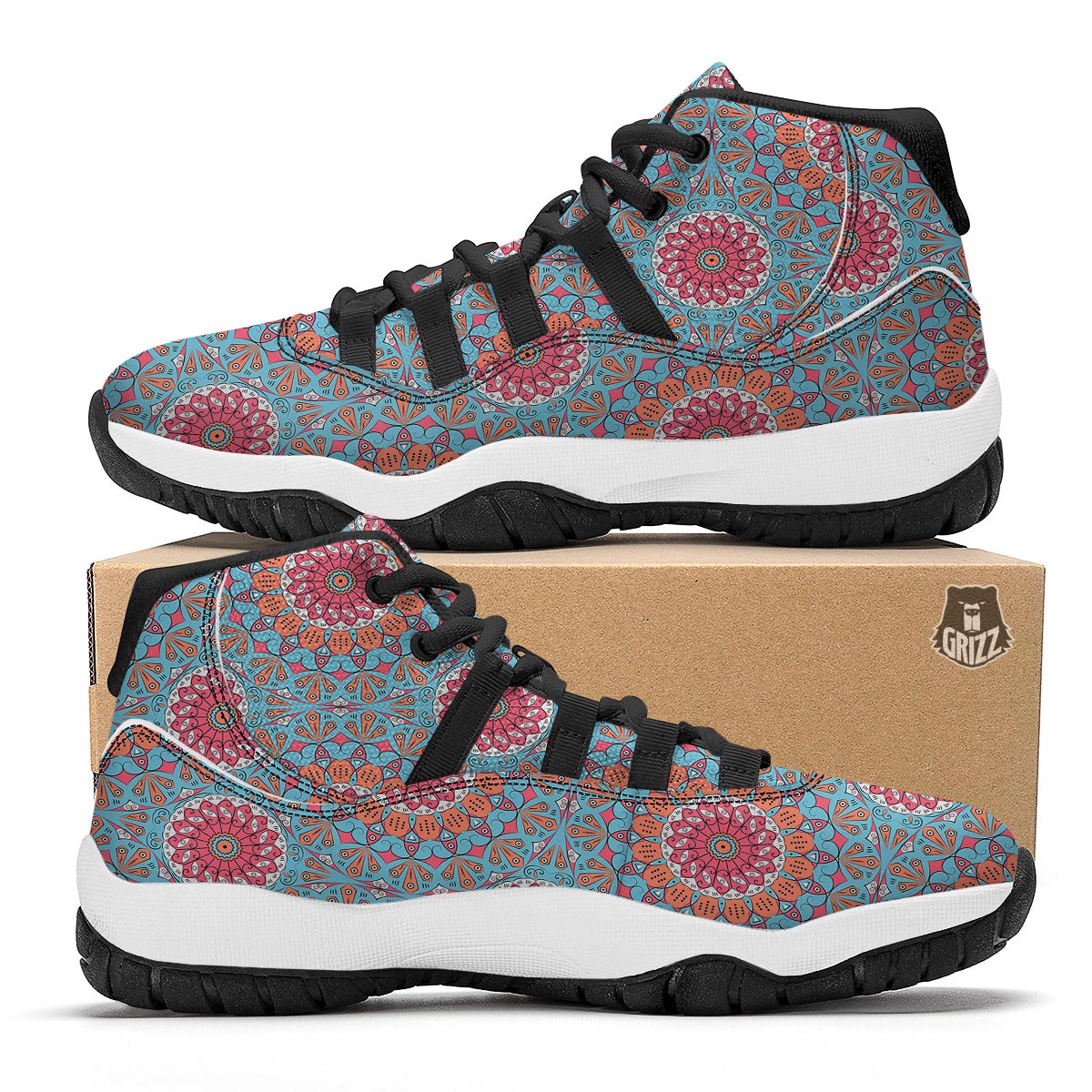 Bohemian Mandala Pink And Teal Print Pattern Black Bball Shoes-grizzshop