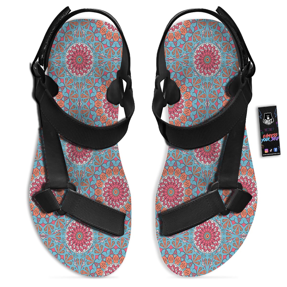 Bohemian Mandala Pink And Teal Print Pattern Black Open Toe Sandals-grizzshop