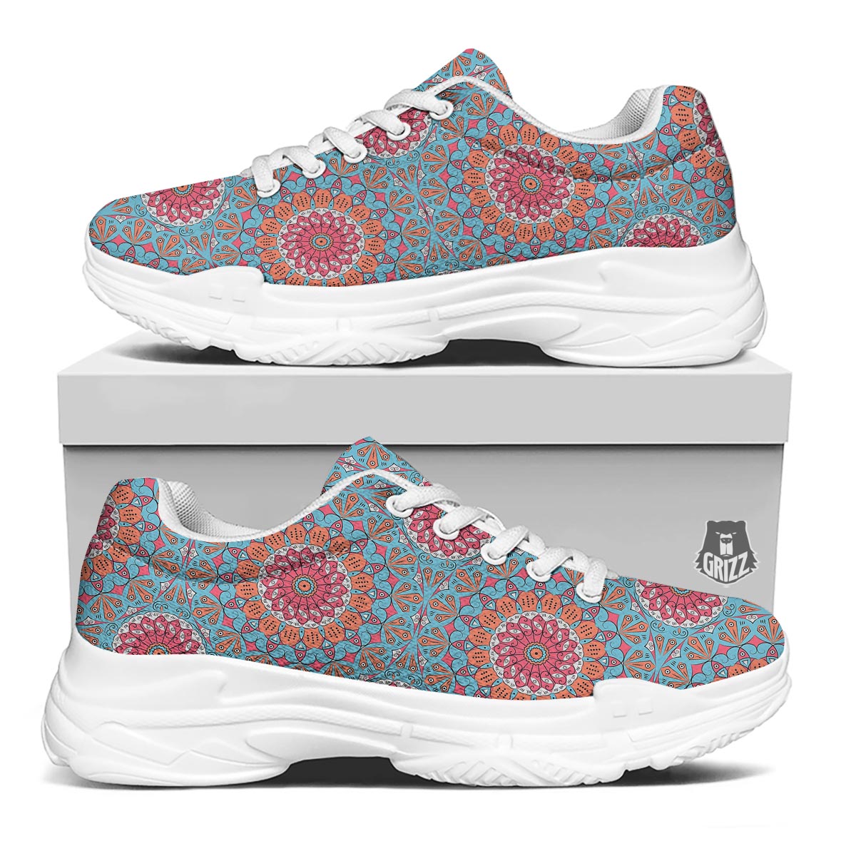 Bohemian Mandala Pink And Teal Print Pattern White Chunky Shoes-grizzshop
