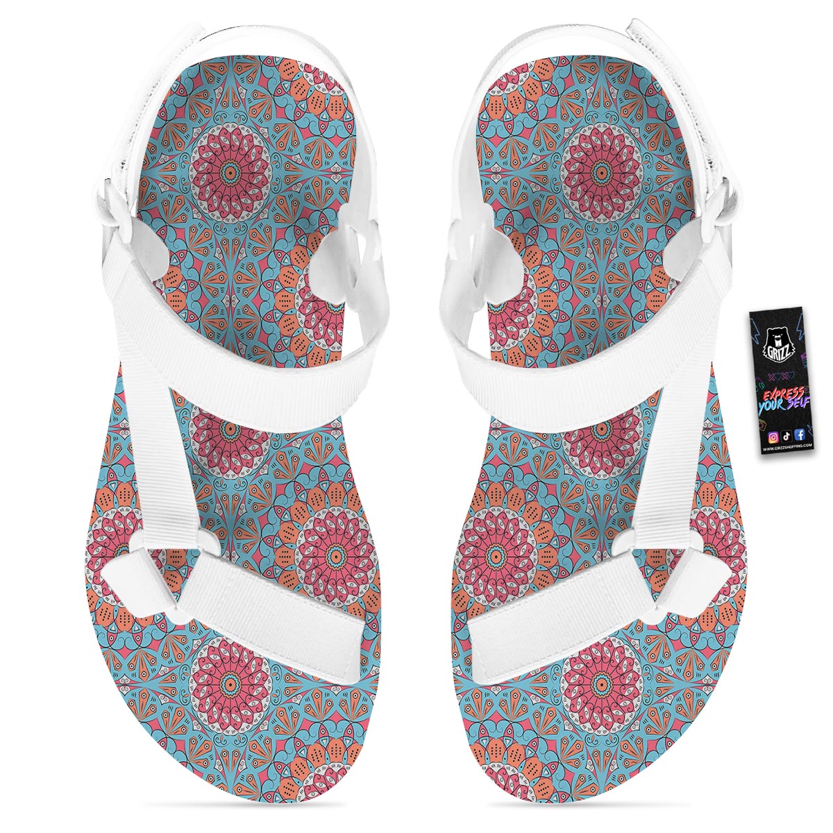 Bohemian Mandala Pink And Teal Print Pattern White Open Toe Sandals-grizzshop