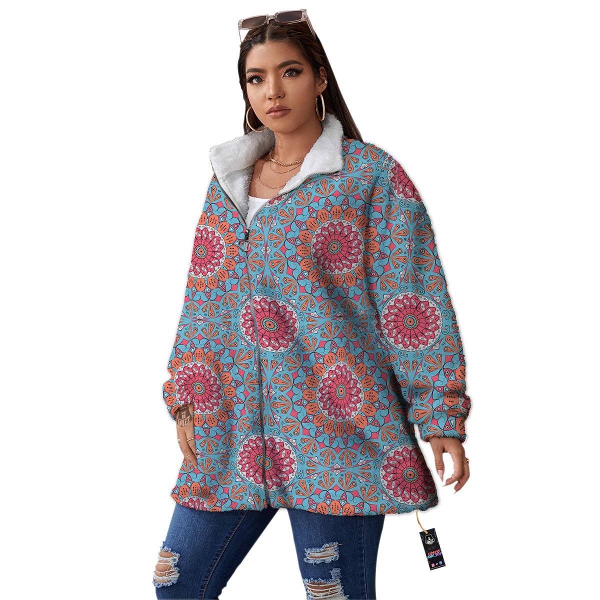 Bohemian Mandala Pink And Teal Print Pattern Women's Sherpa Jacket-grizzshop