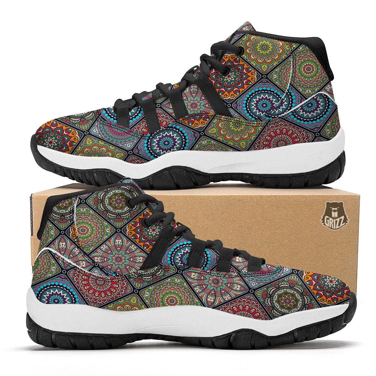 Bohemian Mandala Retro Print Pattern Black Bball Shoes-grizzshop