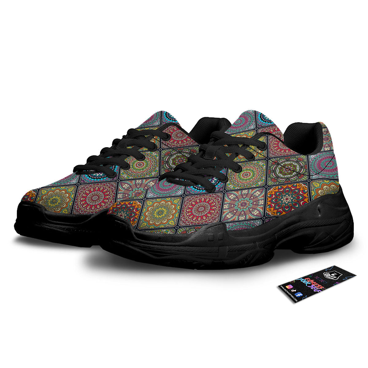 Bohemian Mandala Retro Print Pattern Black Chunky Shoes-grizzshop