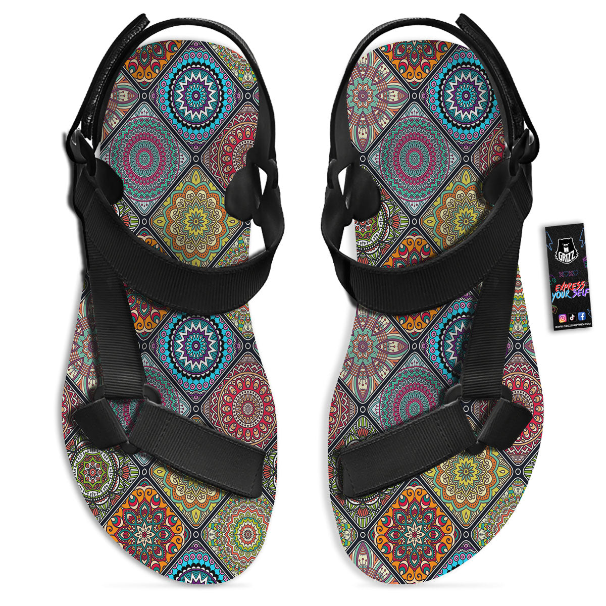 Bohemian Mandala Retro Print Pattern Black Open Toe Sandals-grizzshop
