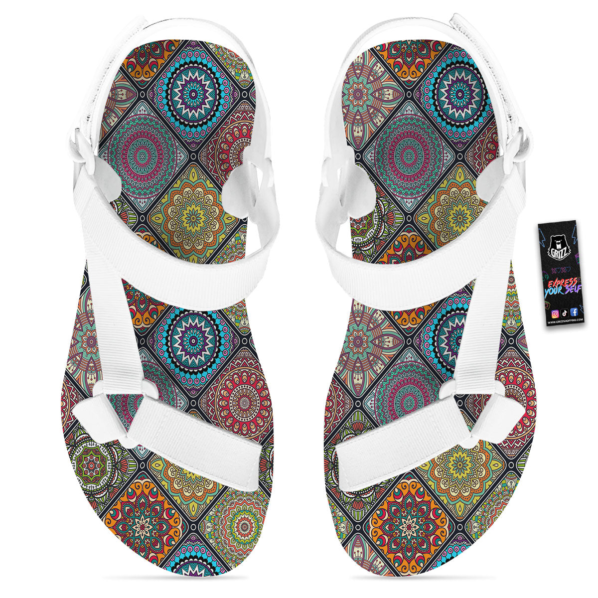 Bohemian Mandala Retro Print Pattern White Open Toe Sandals-grizzshop