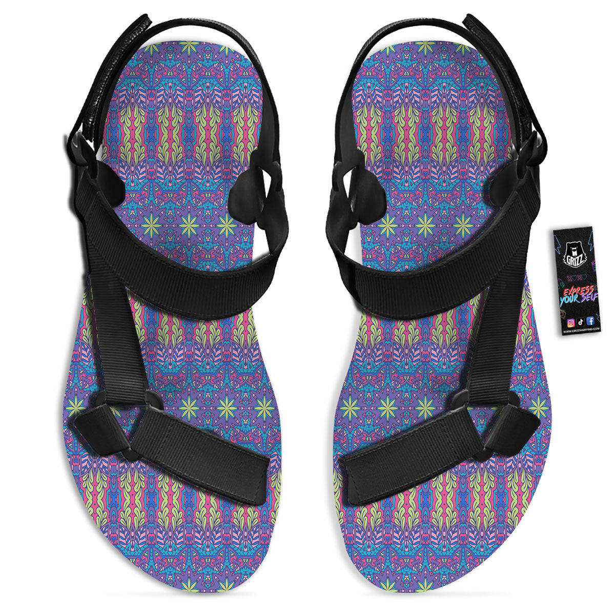 Bohemian Mandala Star Print Pattern Black Open Toe Sandals-grizzshop