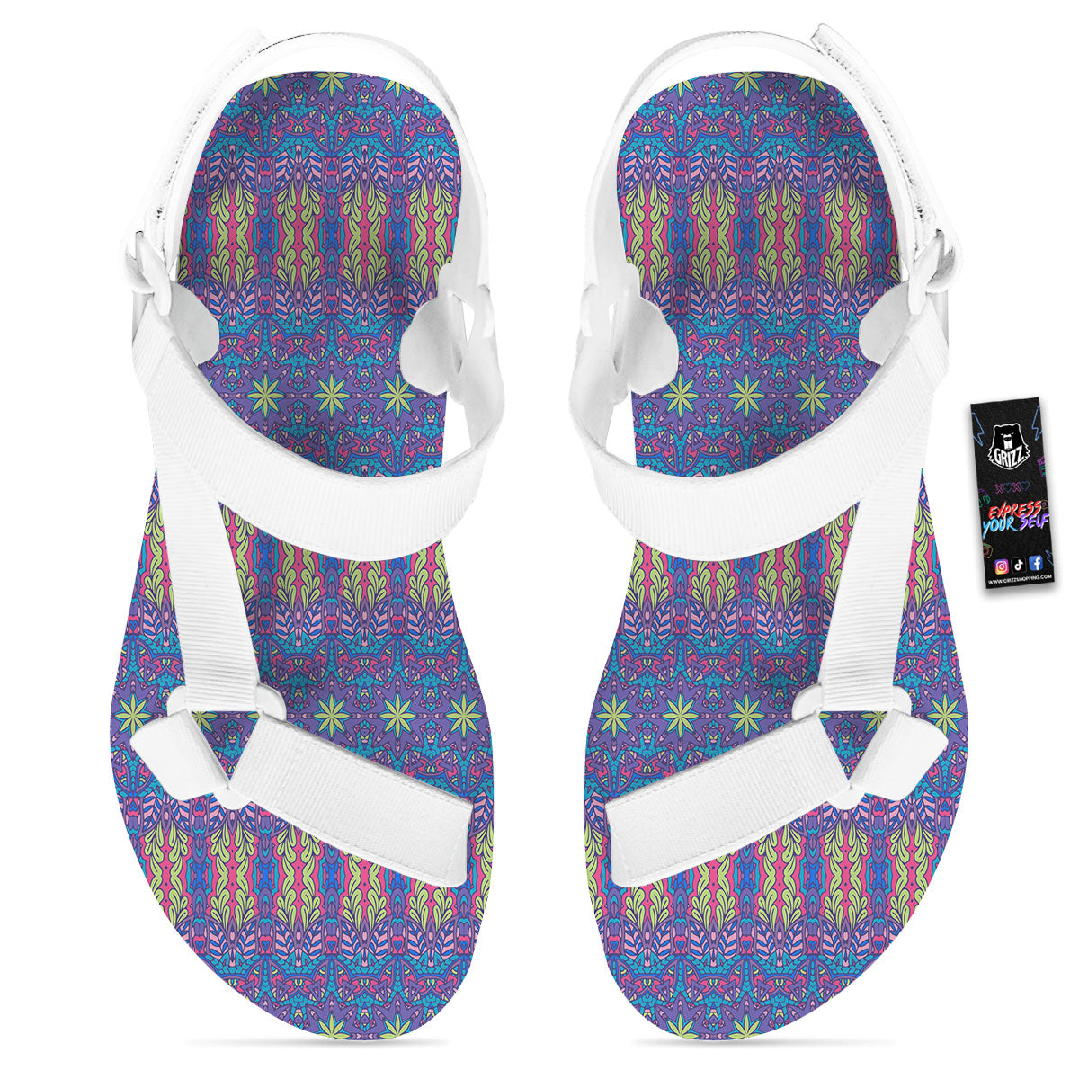 Bohemian Mandala Star Print Pattern White Open Toe Sandals-grizzshop