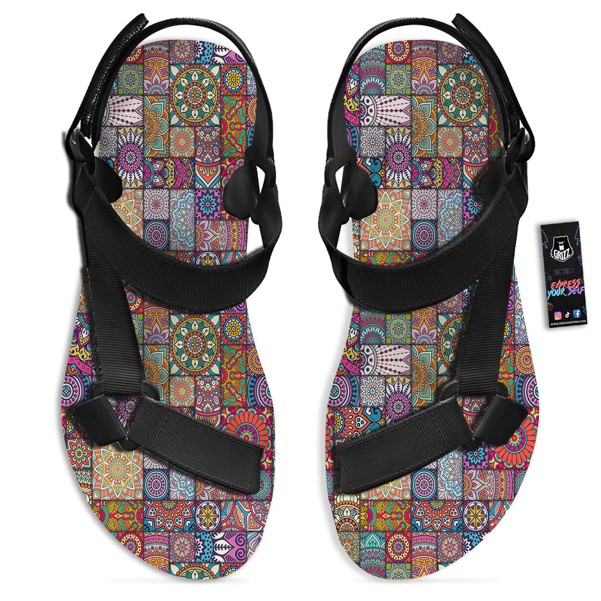 Bohemian Mandala Tile Print Pattern Black Open Toe Sandals-grizzshop