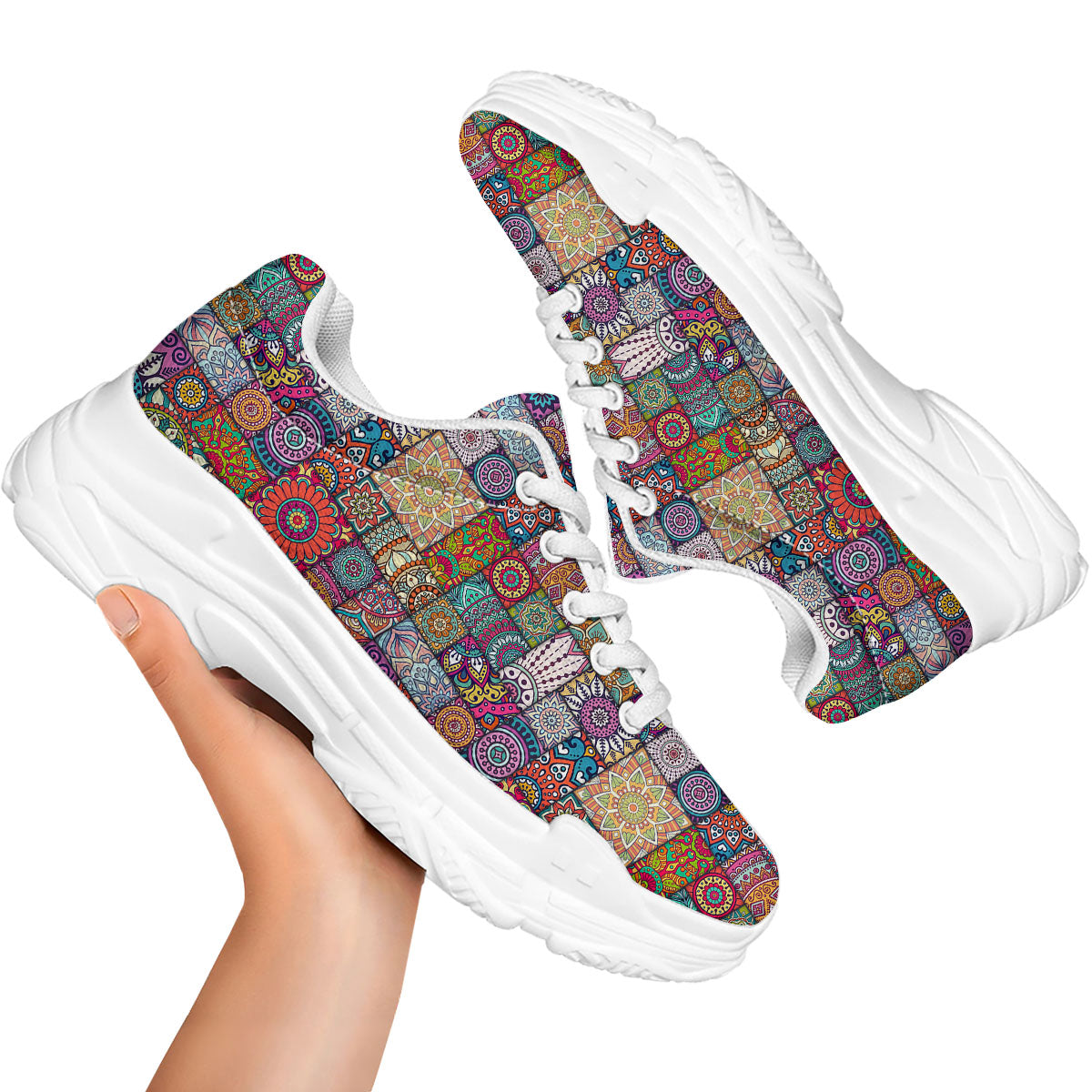 Bohemian Mandala Tile Print Pattern White Chunky Shoes-grizzshop