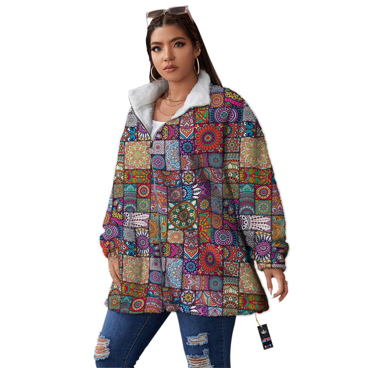 Bohemian Mandala Tile Print Pattern Women's Sherpa Jacket-grizzshop