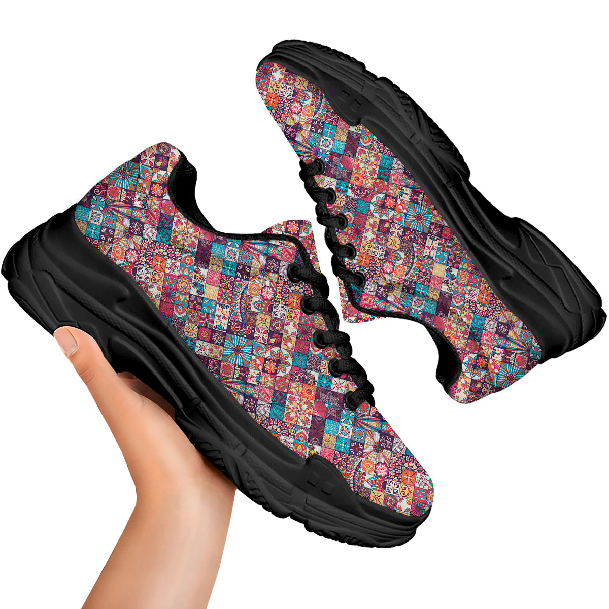 Bohemian Mandala Vintage Print Pattern Black Chunky Shoes-grizzshop