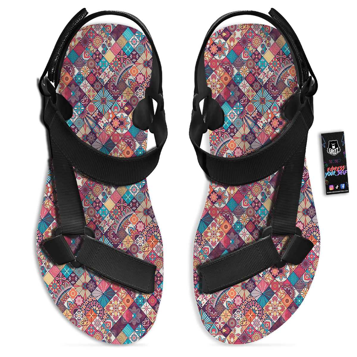 Bohemian Mandala Vintage Print Pattern Black Open Toe Sandals-grizzshop