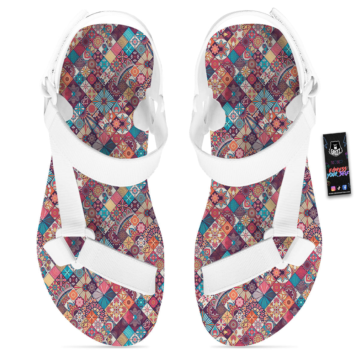 Bohemian Mandala Vintage Print Pattern White Open Toe Sandals-grizzshop