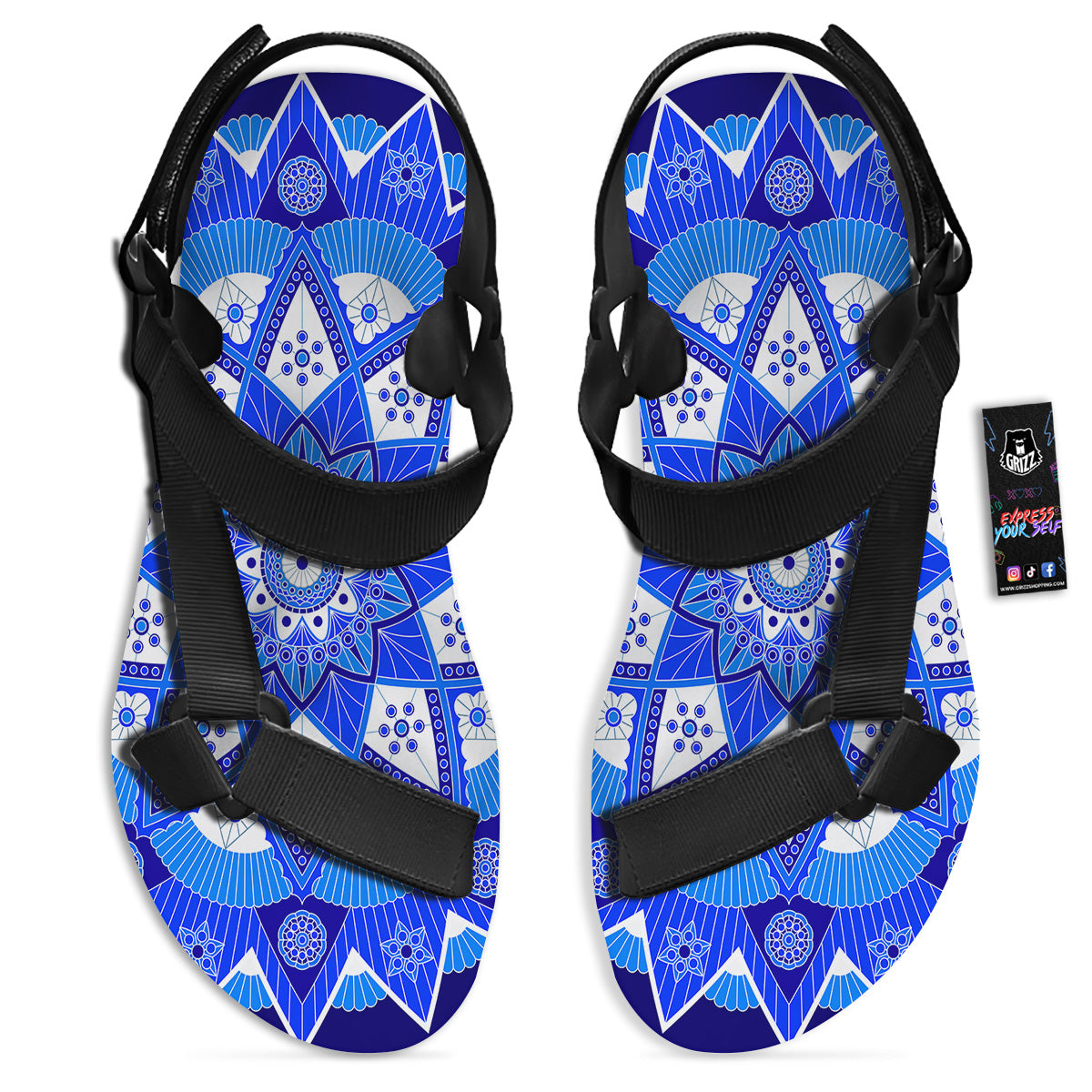 Bohemian Mandala White And Blue Print Black Open Toe Sandals-grizzshop