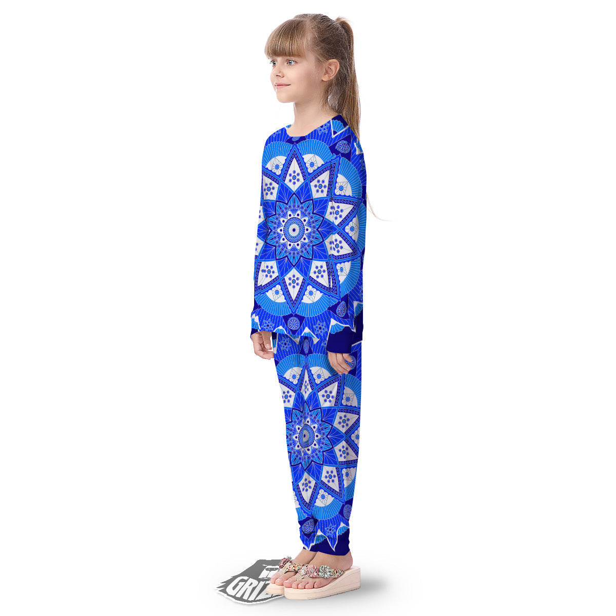 Bohemian Mandala White And Blue Print Kid's Pajamas-grizzshop